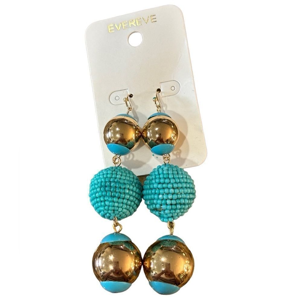 NWT Evereve Gold Tone & Turquoise Beaded Drop Earrings 3” Statement